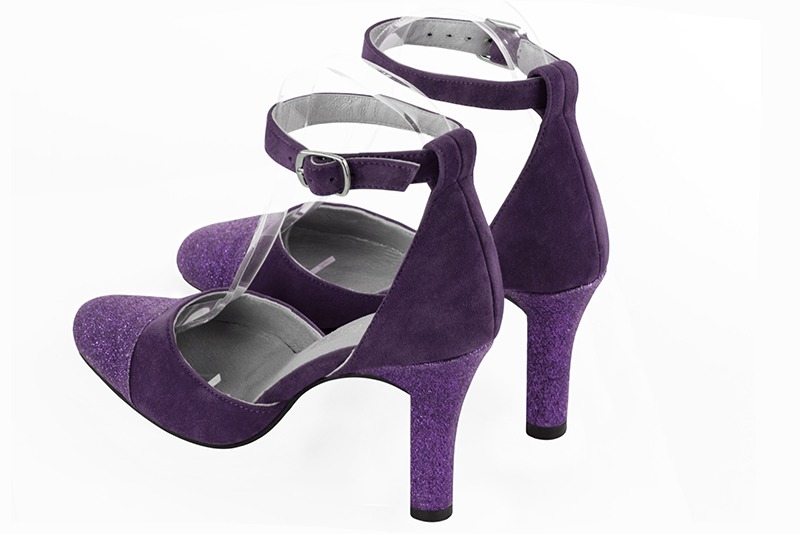 Amethyst purple women's open side shoes, with a strap around the ankle. Round toe. Very high kitten heels. Rear view - Florence KOOIJMAN
